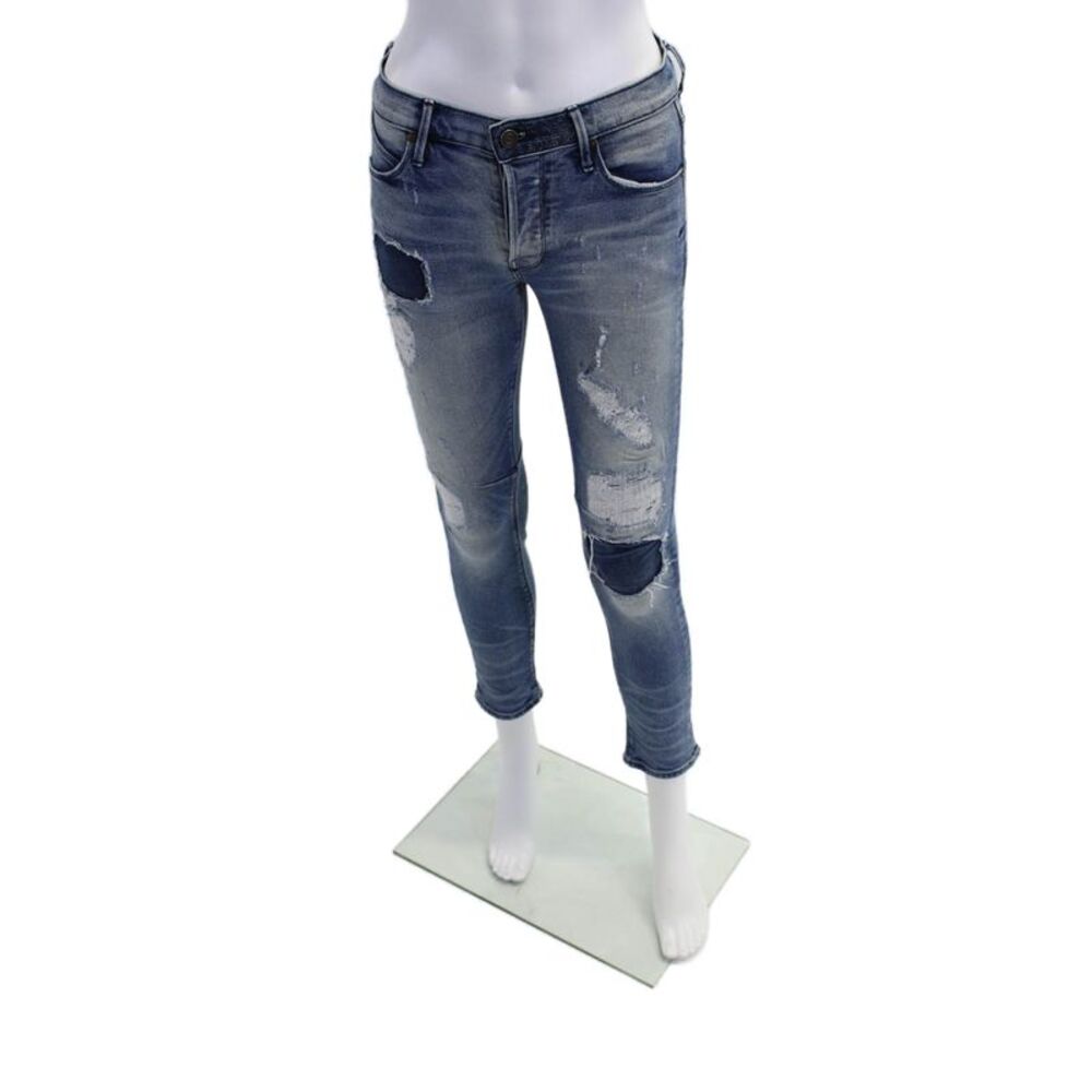 R+A Womens Cotton Distressed Patchwork Detail Skinny Jeans Blue Size 24